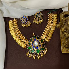 Jadau Kasu Necklace With Blue And Green Lotus Pendant - KN00666