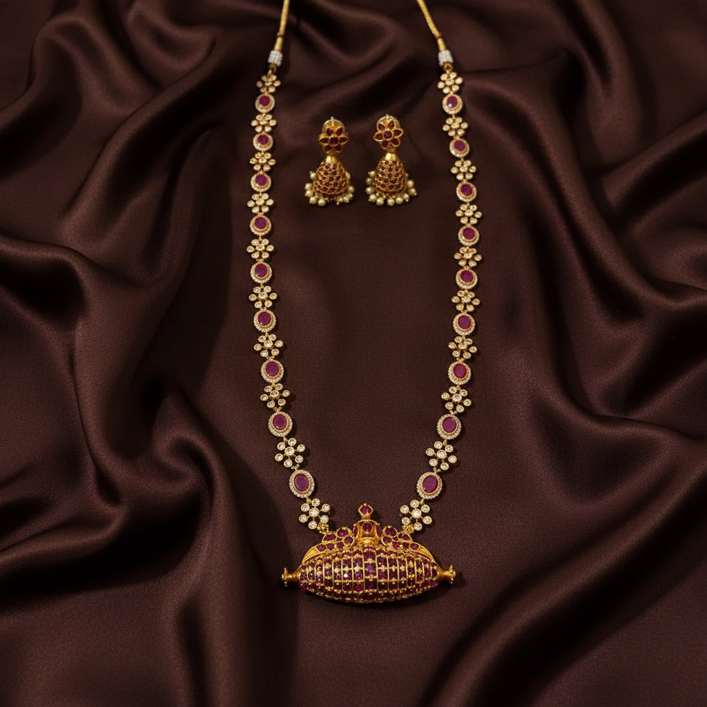 Kempu Stone With White CZ haram and a Designer Pendant - NH00475