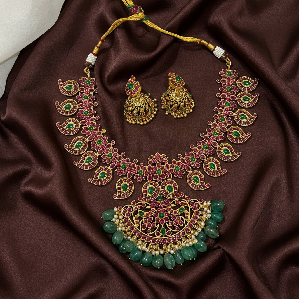 Kempu Mango necklace With Emerald Big Beads - NN00955