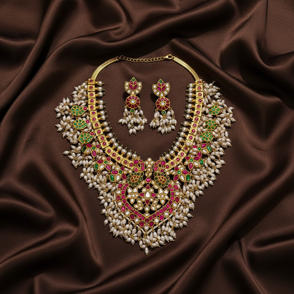 Jadau Original Rice Pearls Necklace with Earrings - KN00608