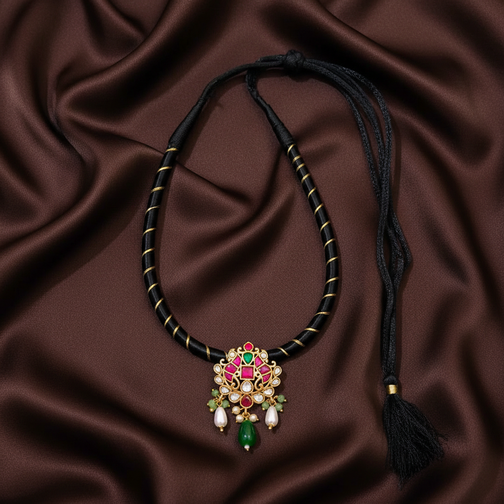 Black Dori Flower in Jadau Kundan Necklace - BD002