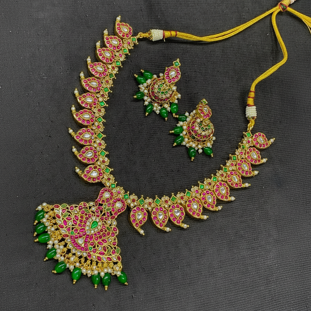 Mango Necklace With Gandaberunda Pendant in Pota Stones - KN00635