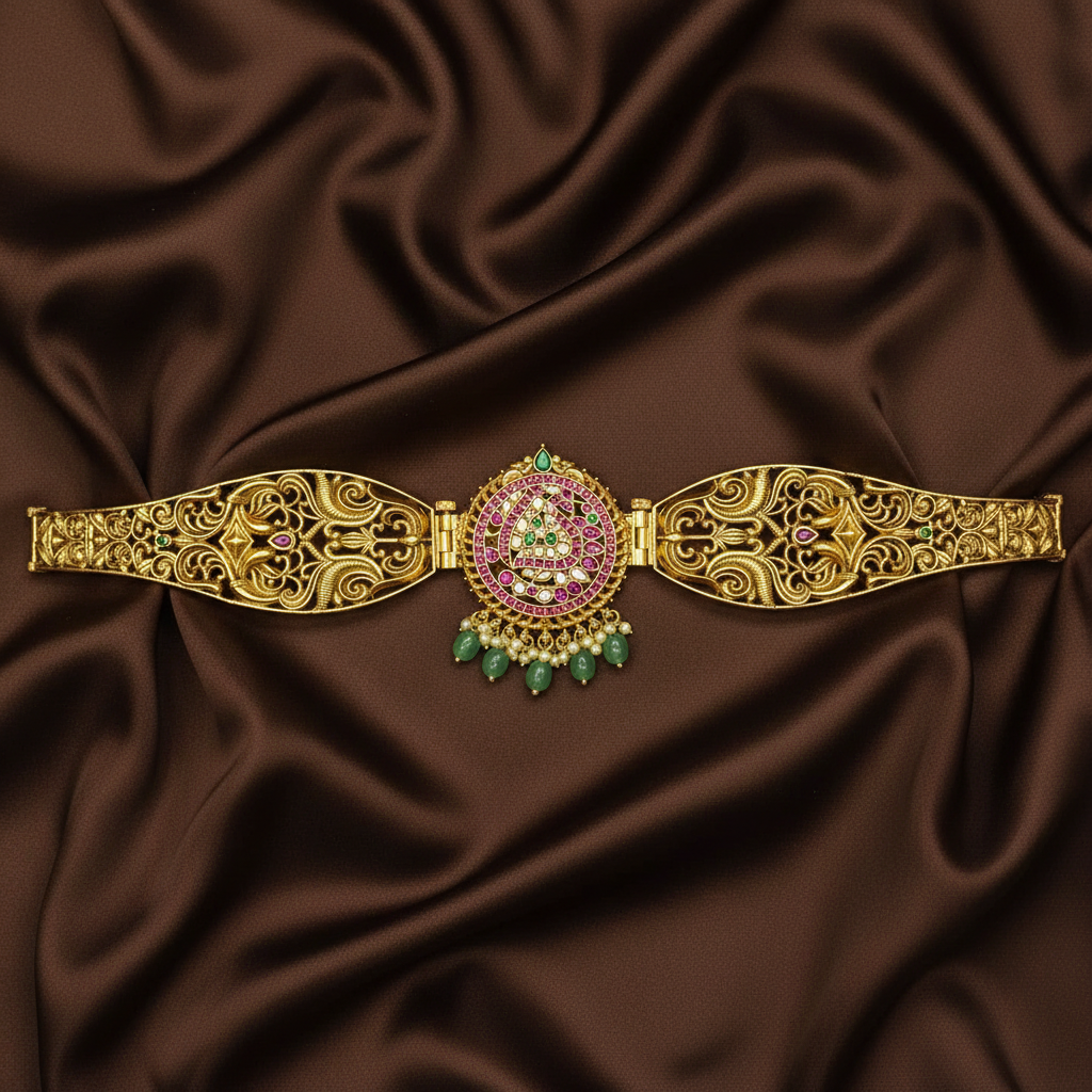 Designer Belt Gold Replica Design With Peacock Pendant in Pota Stones - WB0040