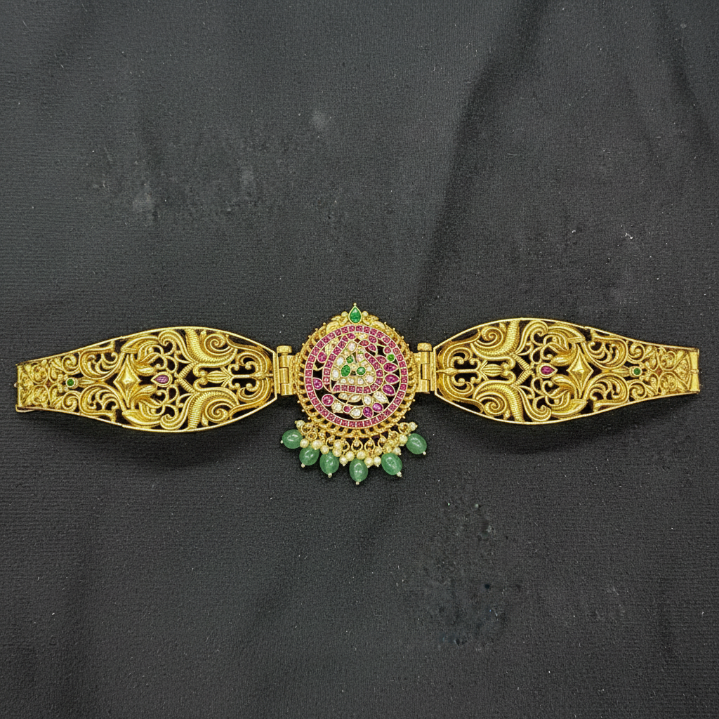 Designer Belt Gold Replica Design With Peacock Pendant in Pota Stones - WB0040