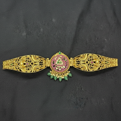 Designer Belt Gold Replica Design With Peacock Pendant in Pota Stones - WB0040