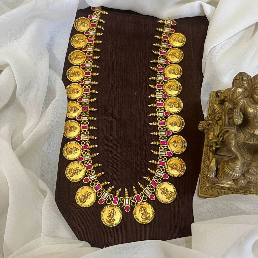 Jadau Beautiful Lakshmi Set With Peacock Side Chain And Earrings - KH00407