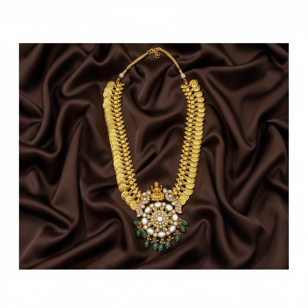 Grand And Elegant Long Kaasu Haram With Jadau Pendant - KH00369