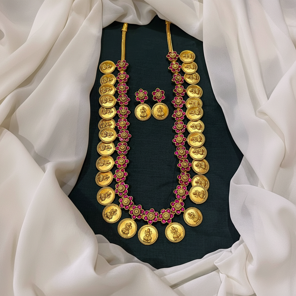 Ruby Jadau Stone Long Lakshmi Bottu Haram With Earrings - KH00365