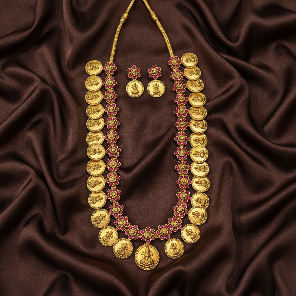 Ruby Jadau Stone Long Lakshmi Bottu Haram With Earrings - KH00365
