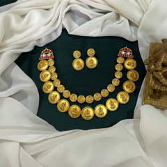 Gold Polish Lakshmi Kaasu Double Layer Set With Earrings - KN00642