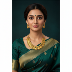 Gold Polish Lakshmi Kaasu Double Layer Set With Earrings - KN00642