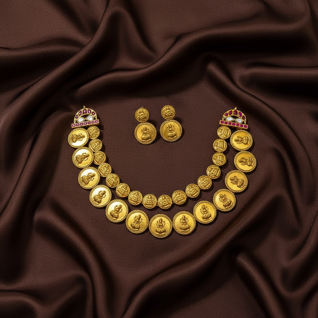 Gold Polish Lakshmi Kaasu Double Layer Set With Earrings - KN00642