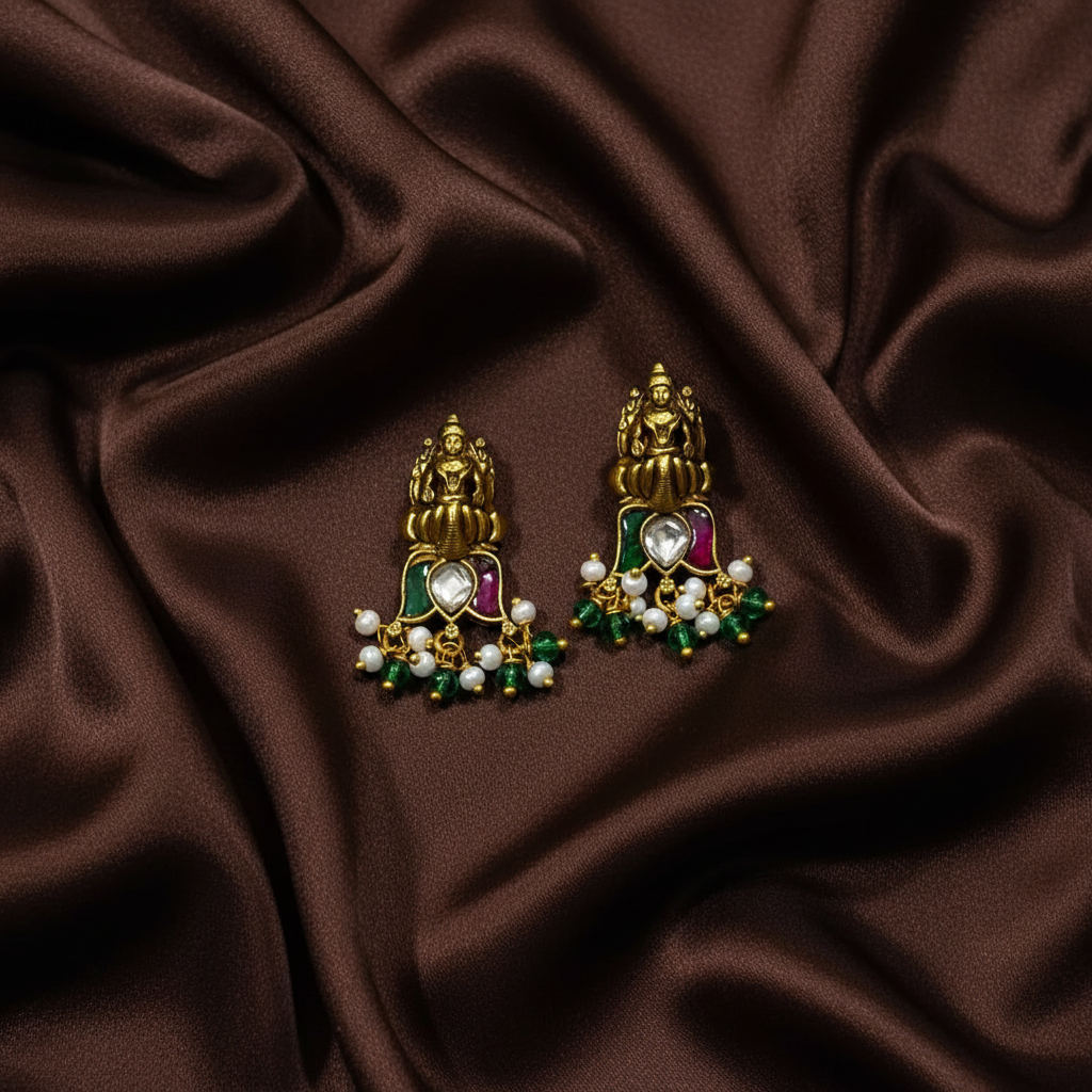 Jadau Nakshi Lakshmi Lotus Earrings With Back Screw - KE00576