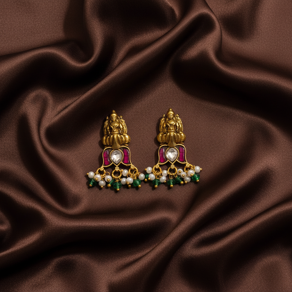 Jadau Nakshi Lakshmi Lotus Earrings With Back Screw - KE00576