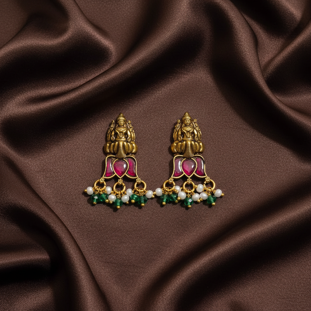 Jadau Nakshi Lakshmi Lotus Earrings With Back Screw - KE00576