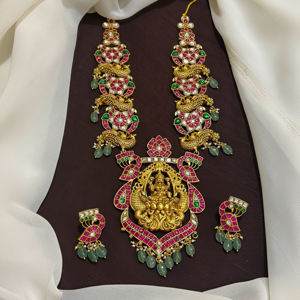 Jadau Neckalce With Lakshmi Pendant and Earrings - KN00640