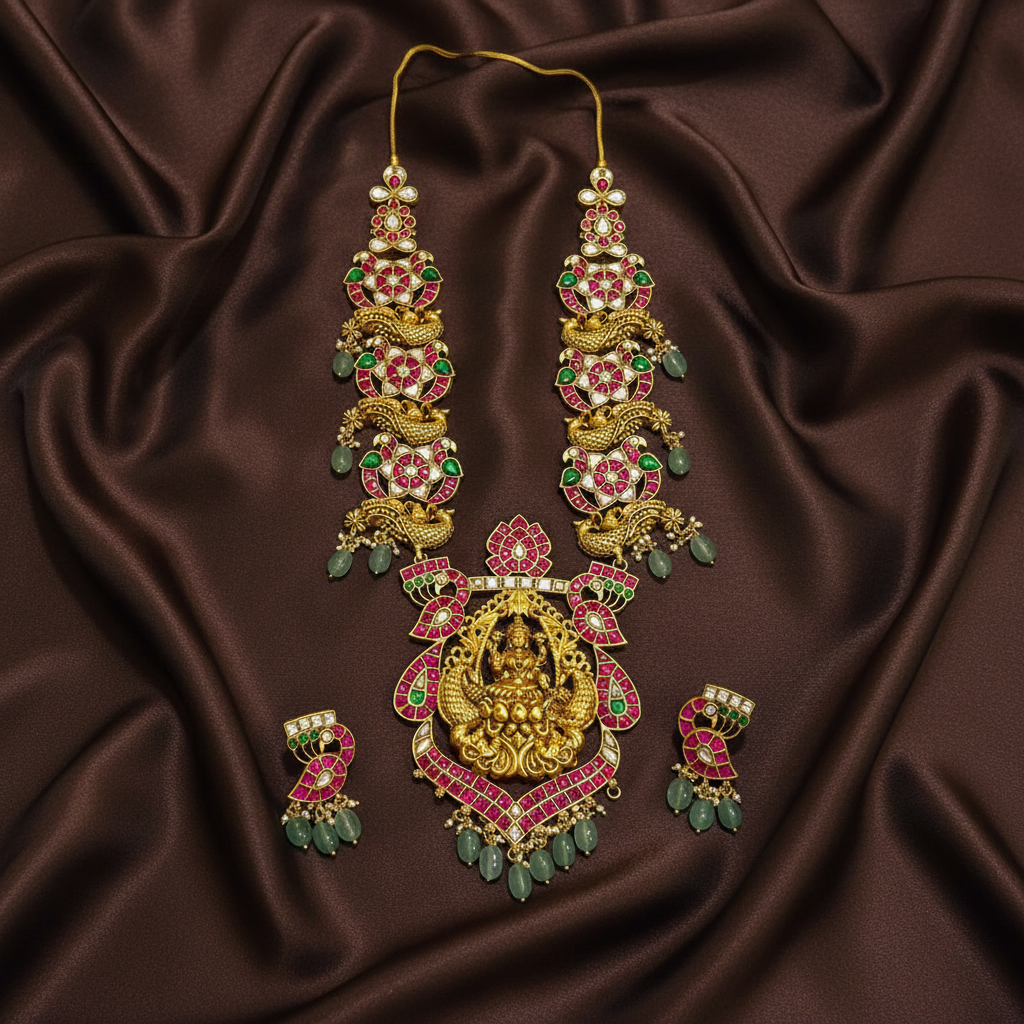 Jadau Neckalce With Lakshmi Pendant and Earrings - KN00640