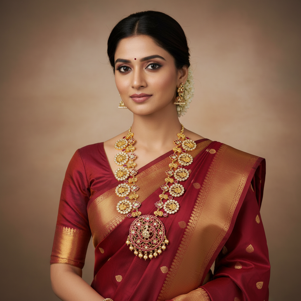 Jadau Lakshmi Long Haram With Jadau Stone Pendant - KH00430