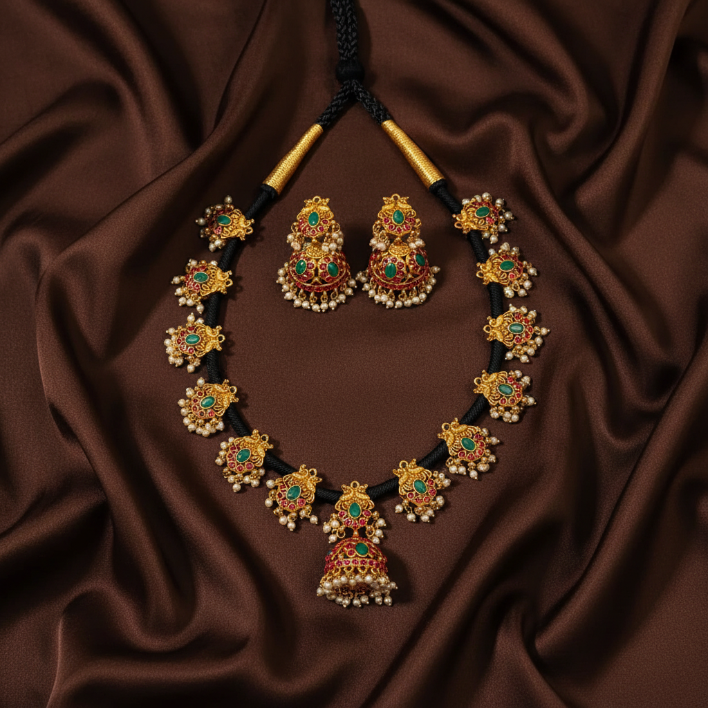 Kempu Jhumki Pattern Black Dori With Jhumkis - BD00156