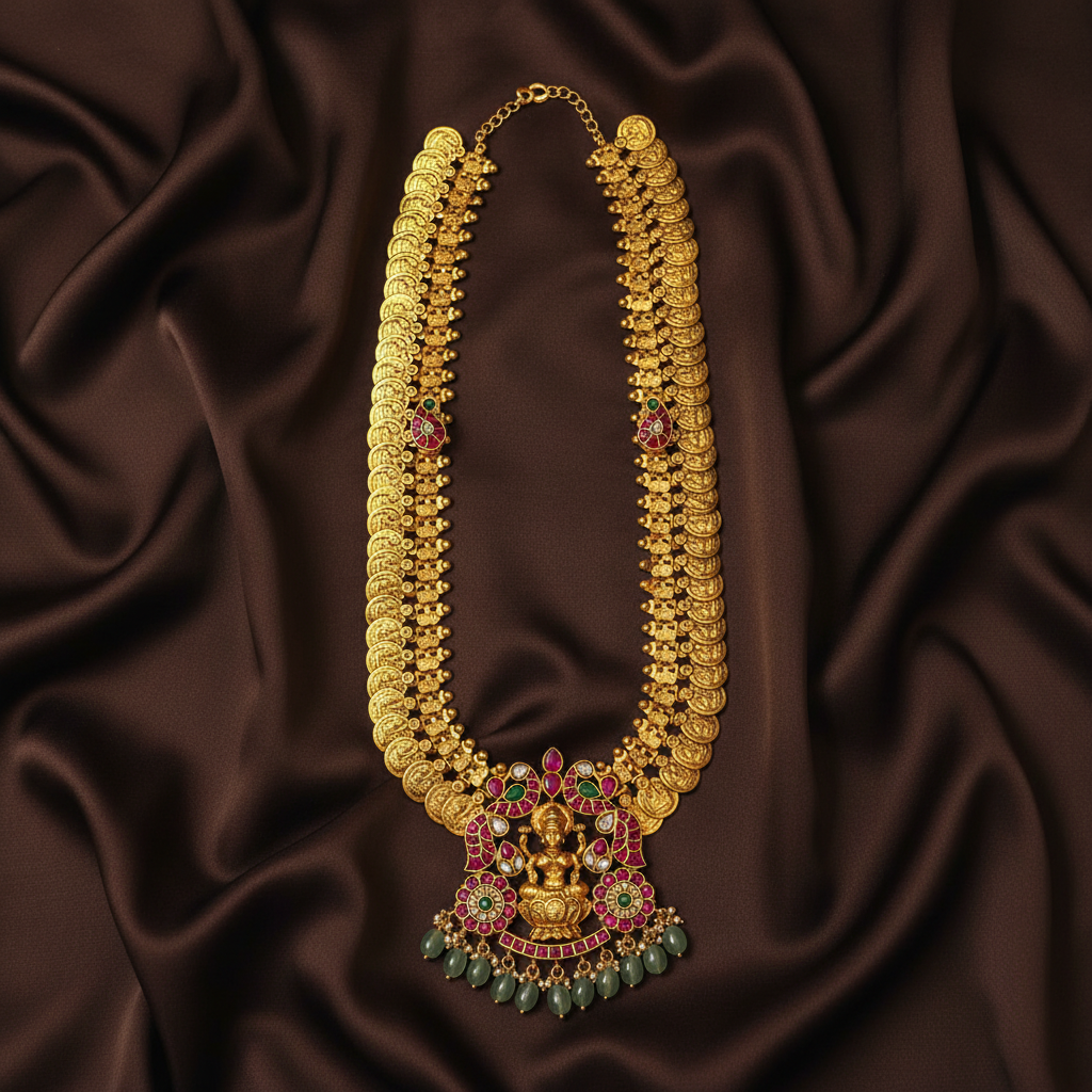Lakshmi Kaasu Long Haram With Jadau Pendant and Side Pendants - KH00379