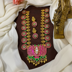 Jadau Bottu Haram With Lotus Pendant And Earrings -  KH00431