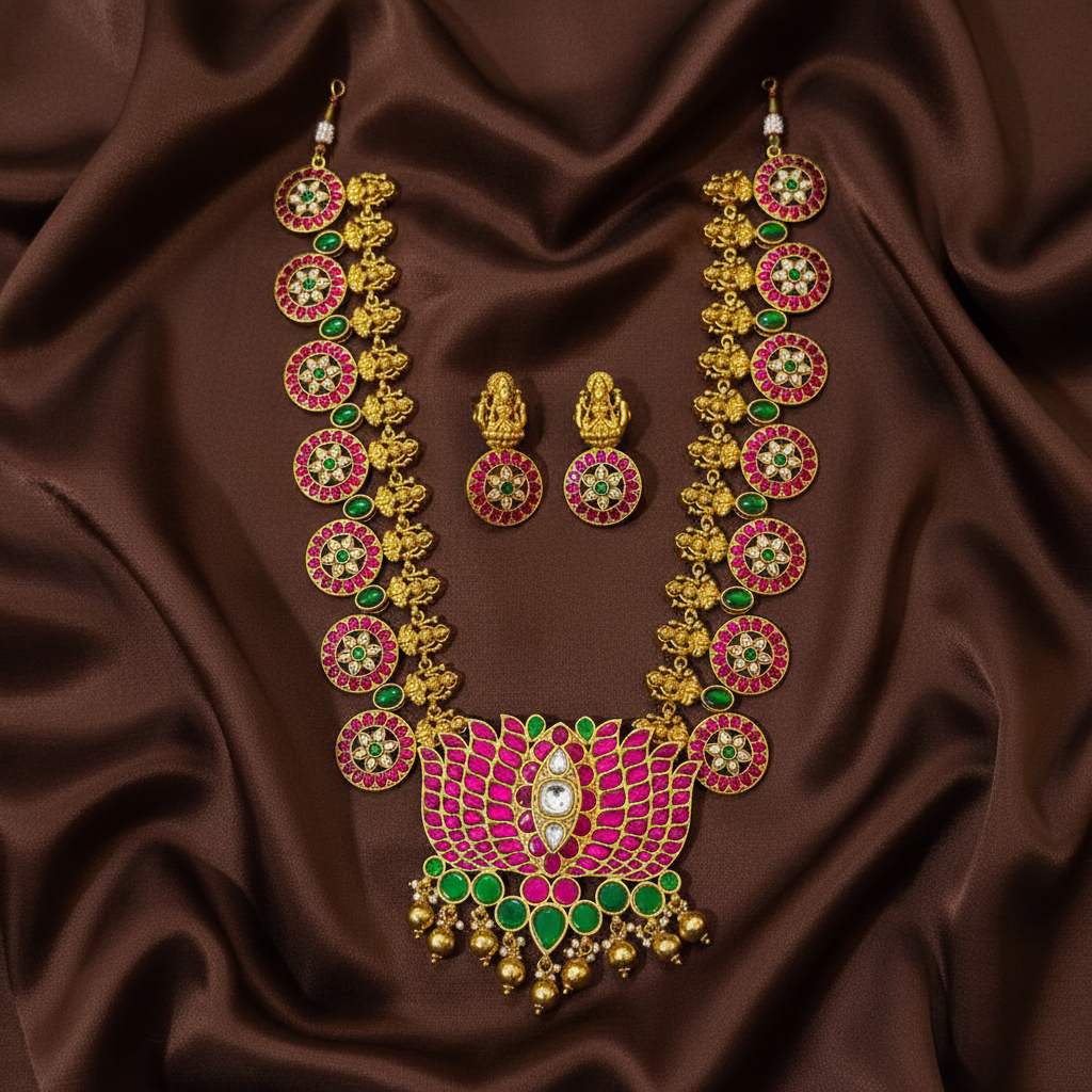 Jadau Bottu Haram With Lotus Pendant And Earrings -  KH00431