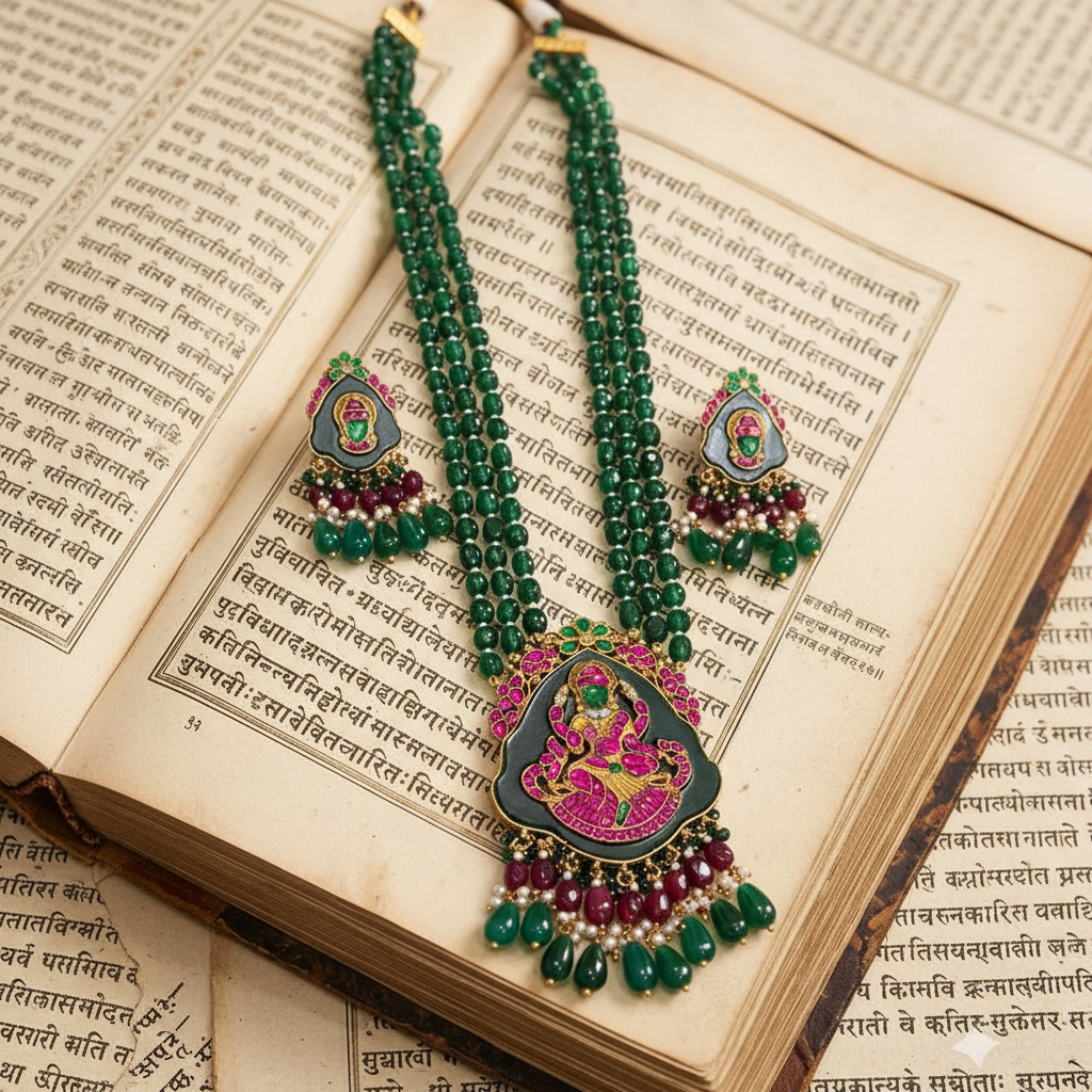 Emerald Beads Long haram with Lakshmi Carvings - PB00568