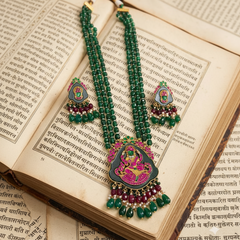 Emerald Beads Long haram with Lakshmi Carvings - PB00568