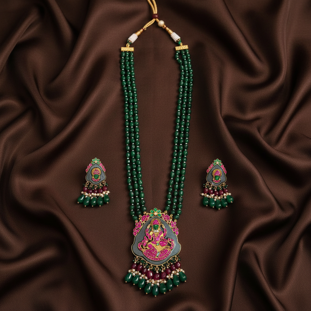 Emerald Beads Long haram with Lakshmi Carvings - PB00568
