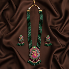 Emerald Beads Long haram with Lakshmi Carvings - PB00568