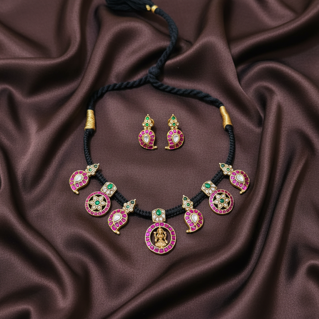 Jadau Black Dori With Lakshmi Pendant and Screw Back Earrings - BD00150