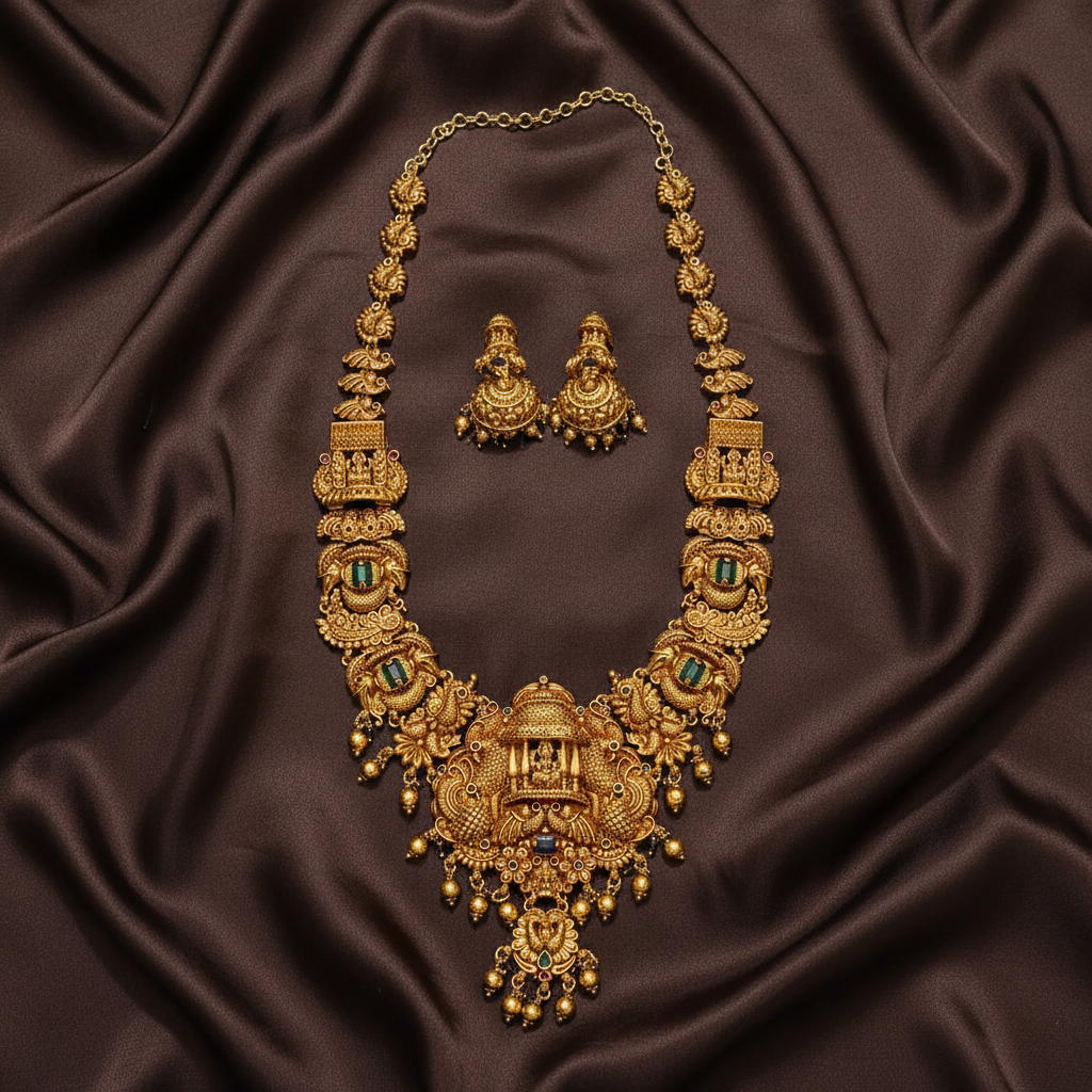Antique Lakshmi and Peacock Haram With Emerald Stone In Nakshi - NH00236