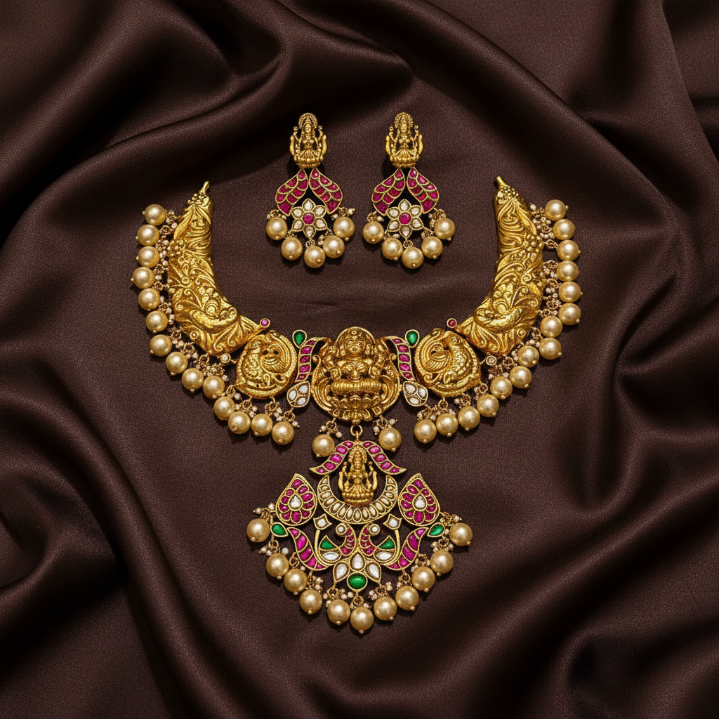 Nakshi Jadau Short Necklace with Earrings - KN00607