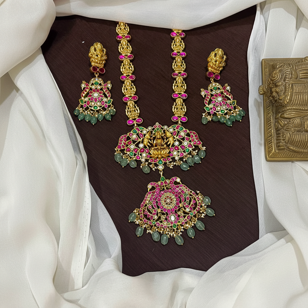 Jadau Lakshmi Side Chain Long Haram With Big Earrimgs - KH00416