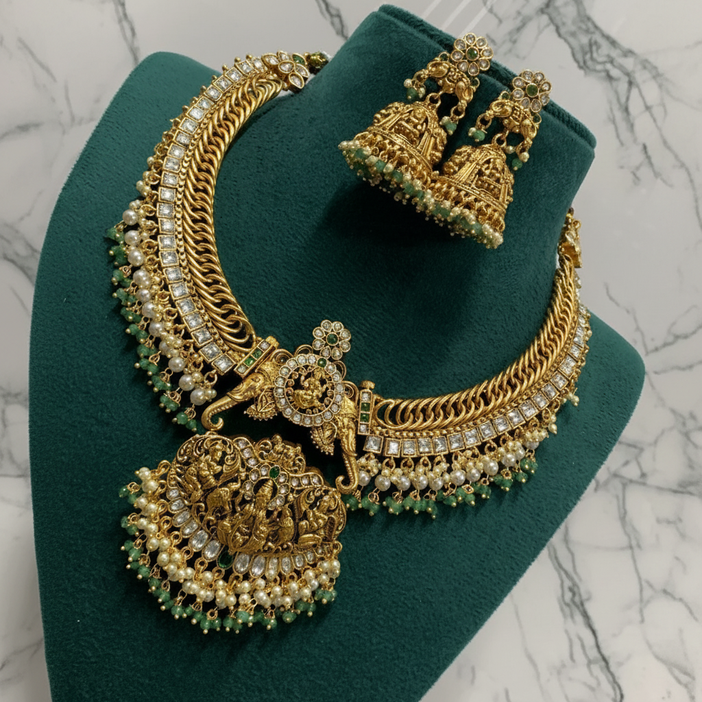Nakshi Jilebi White Stone Necklace With Earringds - NN00936