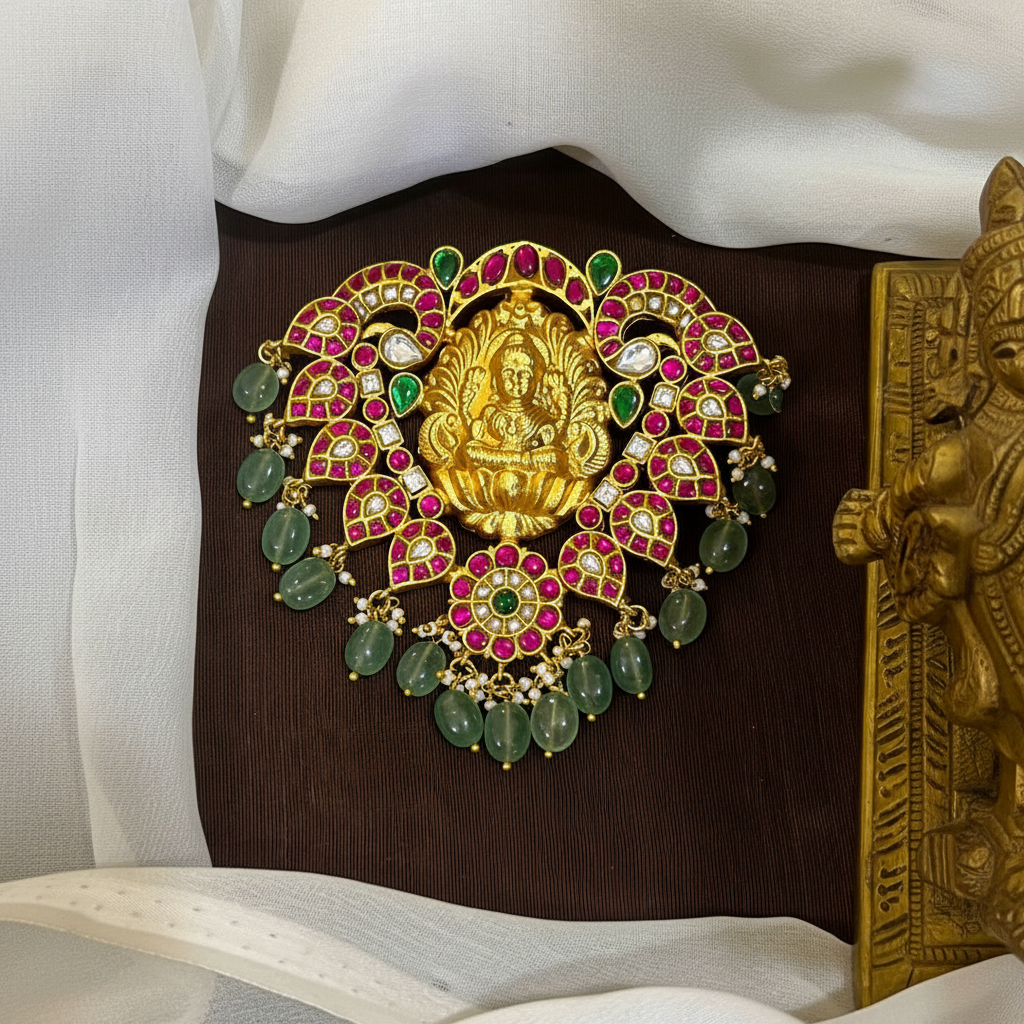 Jadau Lakshmi Broad Pendant With Strawberry Beads - KP00201