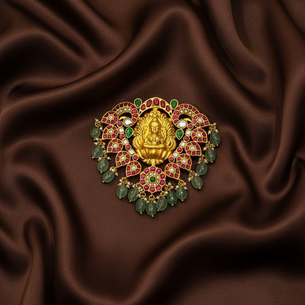 Jadau Lakshmi Broad Pendant With Strawberry Beads - KP00201