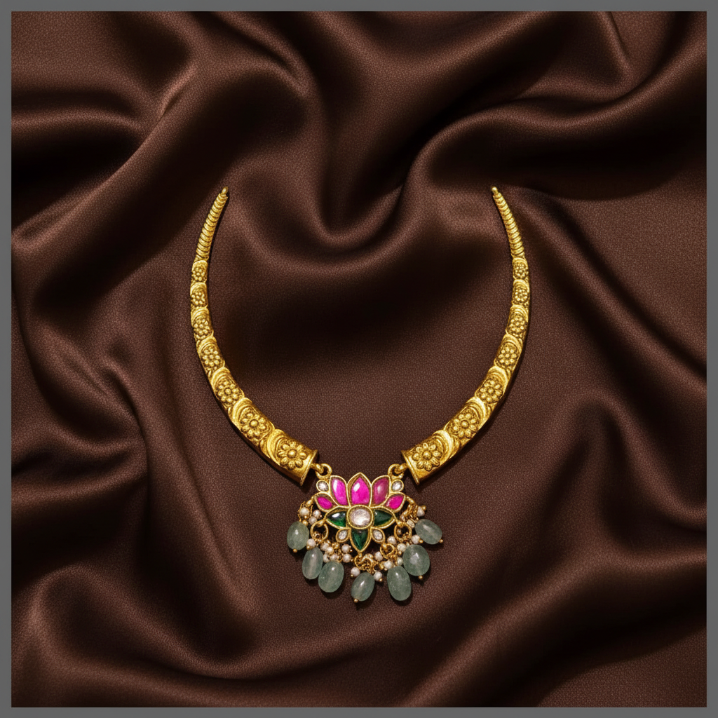 Antic Kante with Multi Colour Lotus in Kundan - KN00537