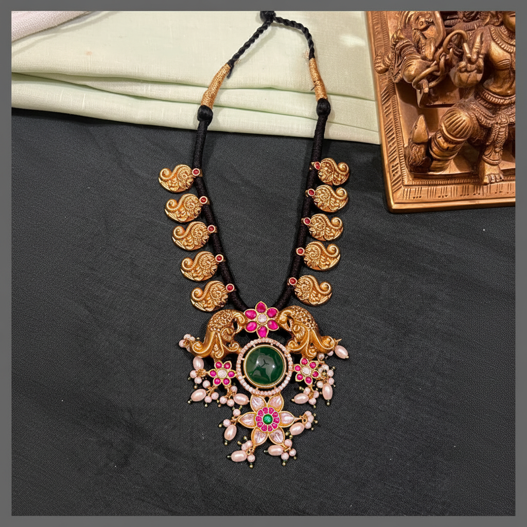Beautiful Mango and Kundan Pendent In Black Dori - BD00144