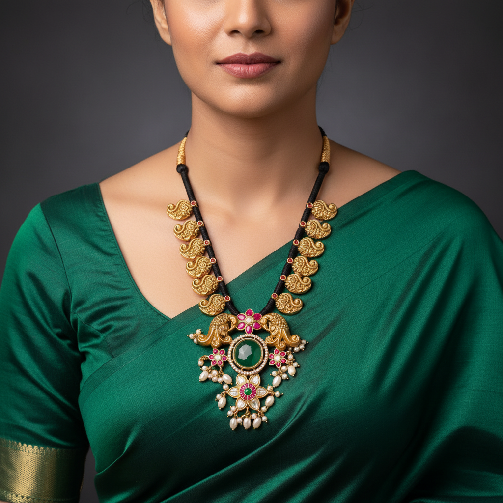 Beautiful Mango and Kundan Pendent In Black Dori - BD00144