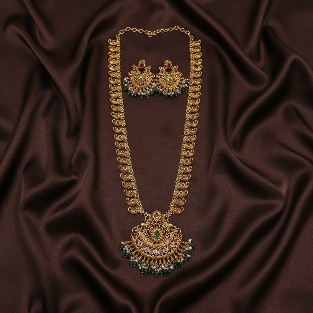 Antique Mango Haram With Peacock Pendent In Nakshi - NH00204