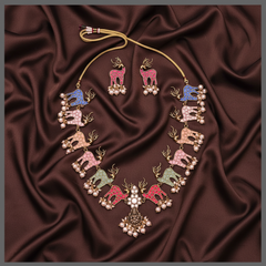 Elegant Multicolor Deer Necklace With Lakshmi In Kundan - KN00574