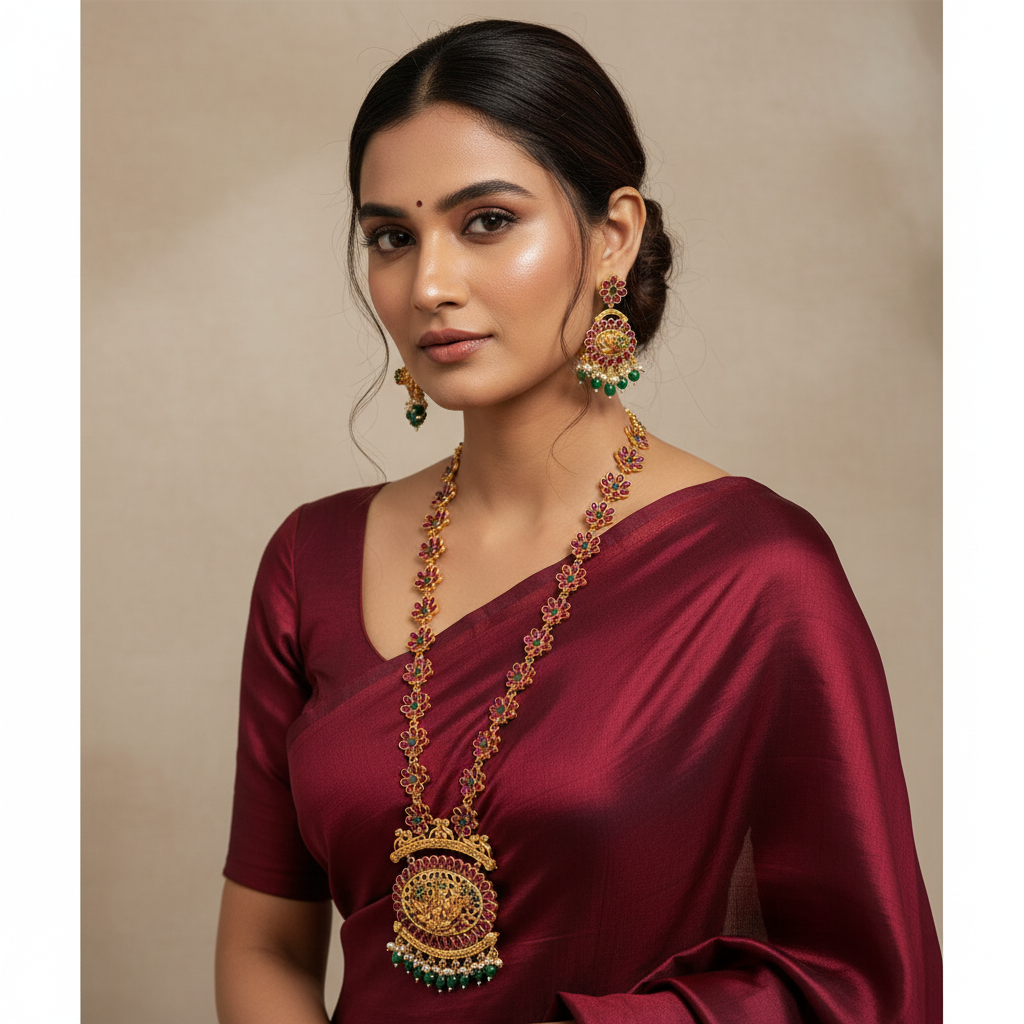 Kempu Flower Pattern Haram With Earrings - NH00466