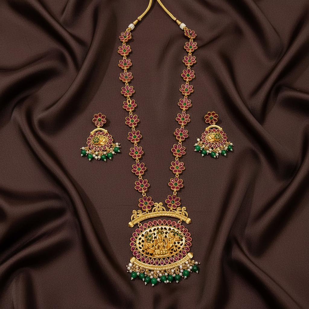 Kempu Flower Pattern Haram With Earrings - NH00466