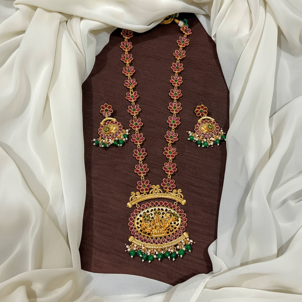 Kempu Flower Pattern Haram With Earrings - NH00466