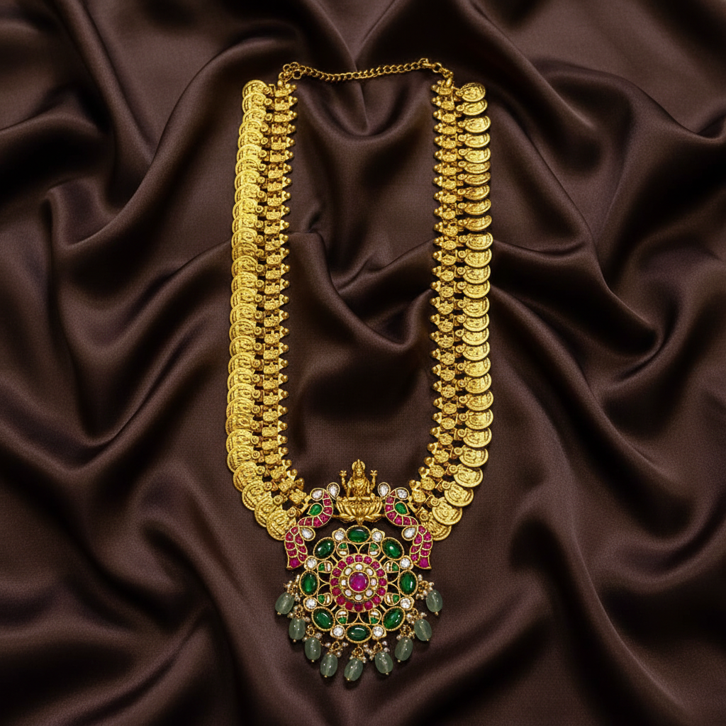 Grand And Elegant Long Kaasu Haram With Jadau Pendant - KH00369