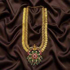 Grand And Elegant Long Kaasu Haram With Jadau Pendant - KH00369