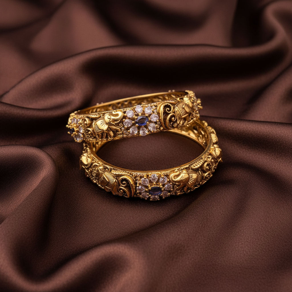 Beautiful Elephant and Stone Flower Bangles - BG00492