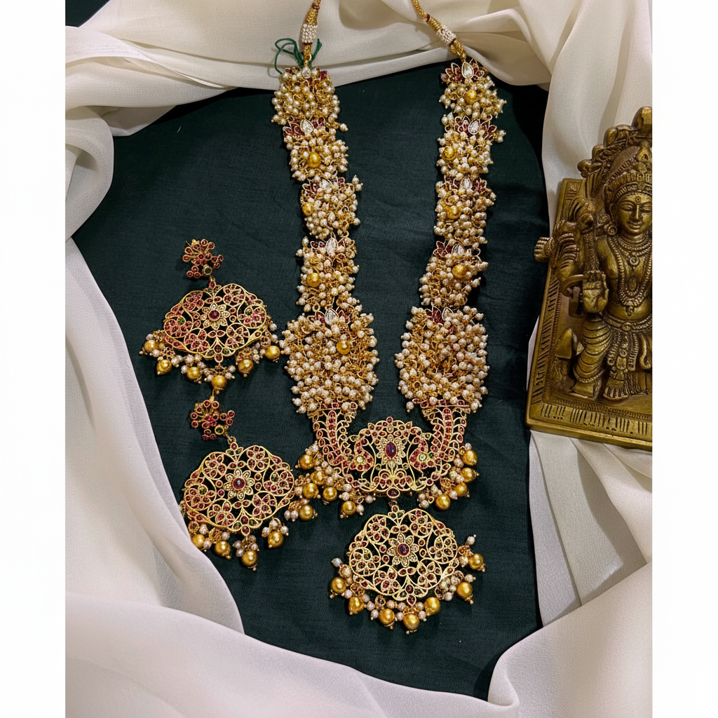 Beautiful Nakashi Haram in White Pearls Kundan Pendant & Matching Earrings - NH00349