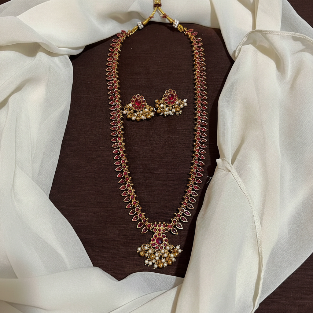 Nakshi Pattern Kempu Stone Long Haram - NH00479